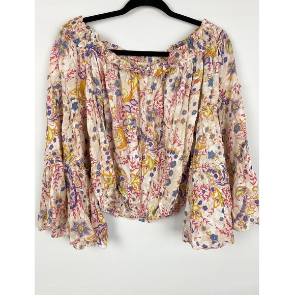Free People Womens Free Spirit Off The Shoulder Blouse S Pink Bell Sleeve Floral - Picture 6 of 10